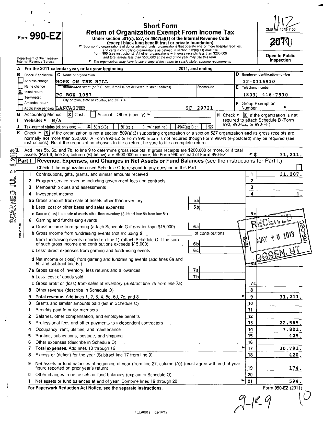 Image of first page of 2011 Form 990EZ for Hope on the Hill