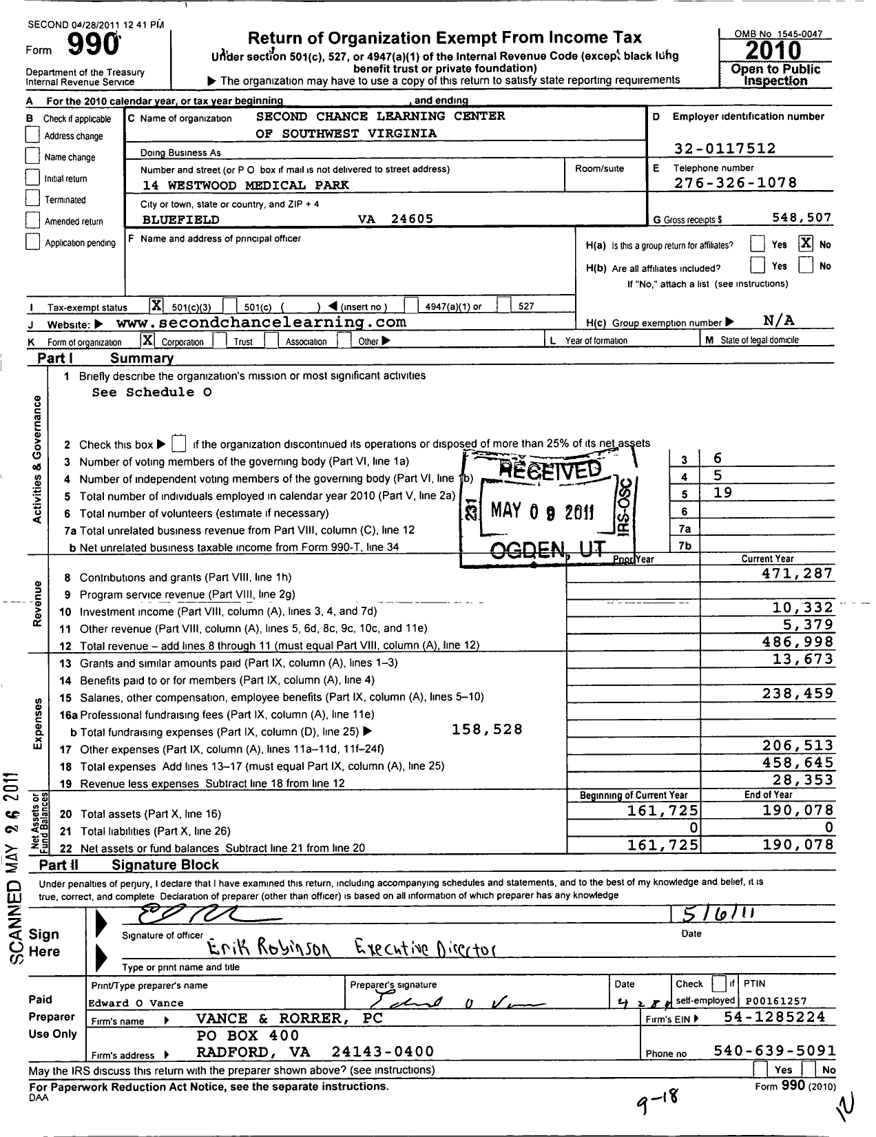 Image of first page of 2010 Form 990 for Second Chance Learning Center of Southwest Virginia