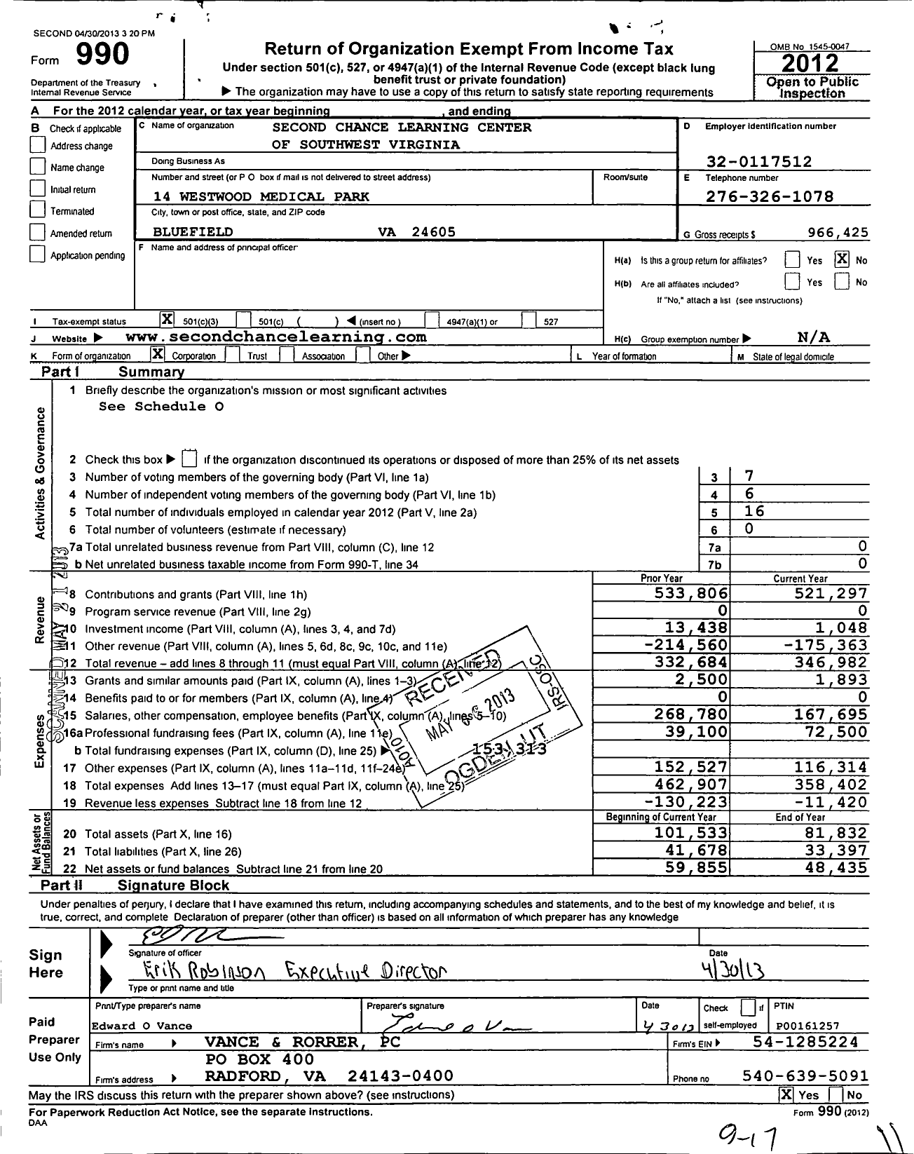 Image of first page of 2012 Form 990 for Second Chance Learning Center of Southwest Virginia