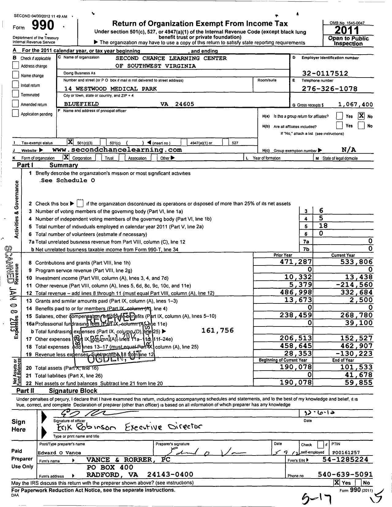 Image of first page of 2011 Form 990 for Second Chance Learning Center of Southwest Virginia