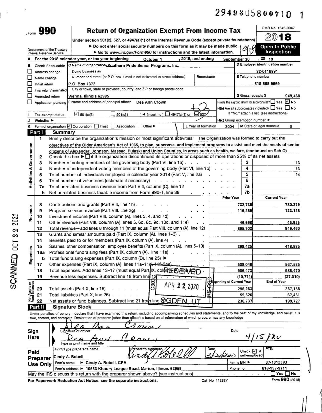 Image of first page of 2018 Form 990 for Southern Pride Senior Programs