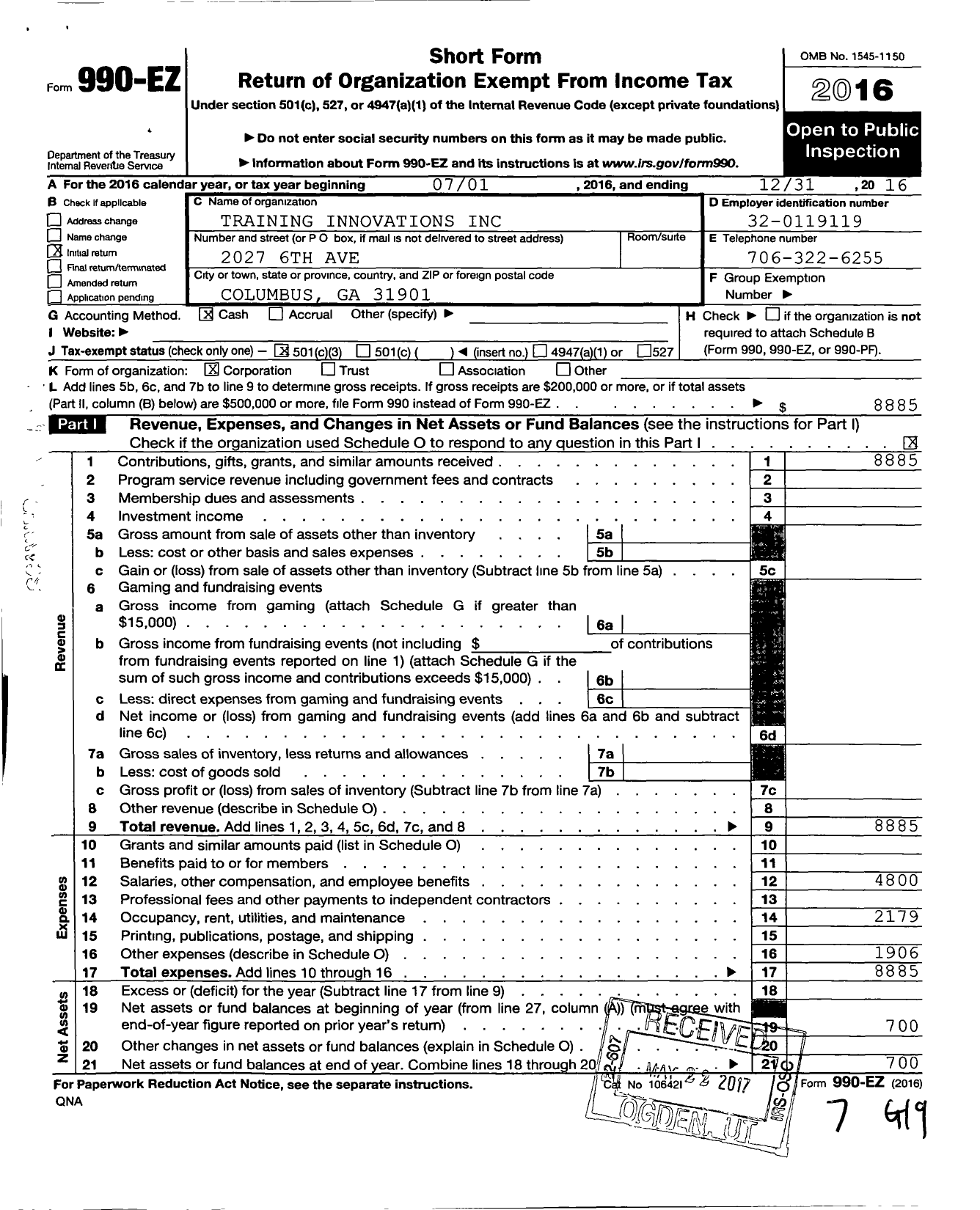 Image of first page of 2016 Form 990EZ for Training Innovations