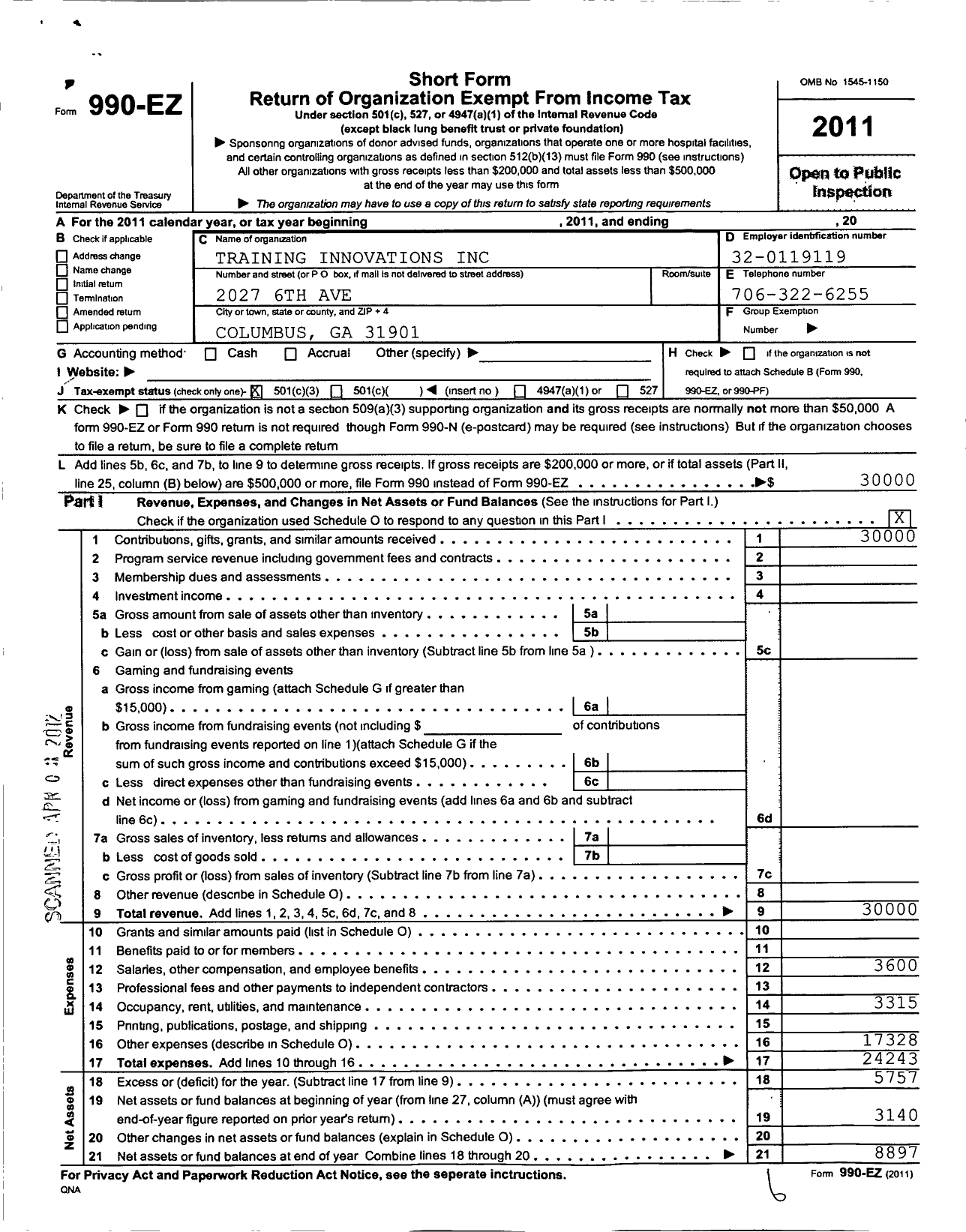 Image of first page of 2011 Form 990EZ for Training Innovations