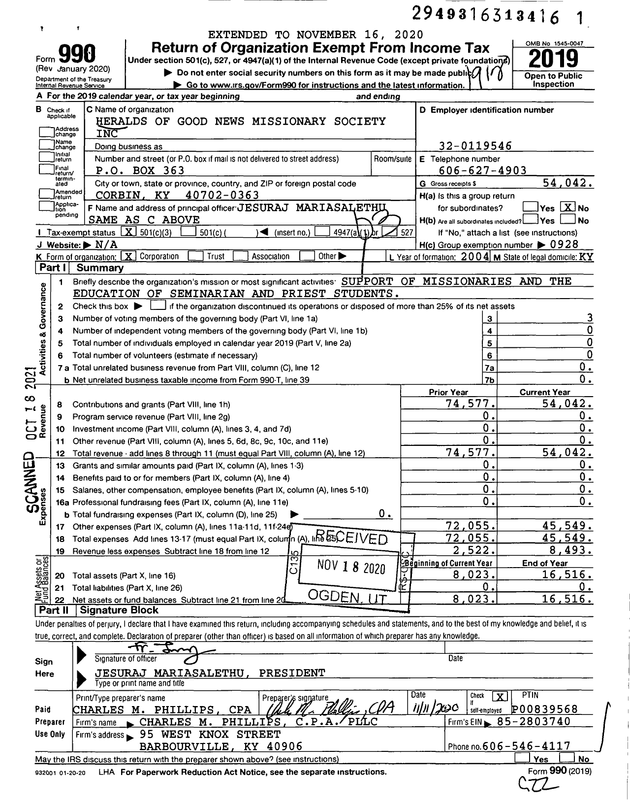 Image of first page of 2019 Form 990 for Heralds of Good News Missionary Society