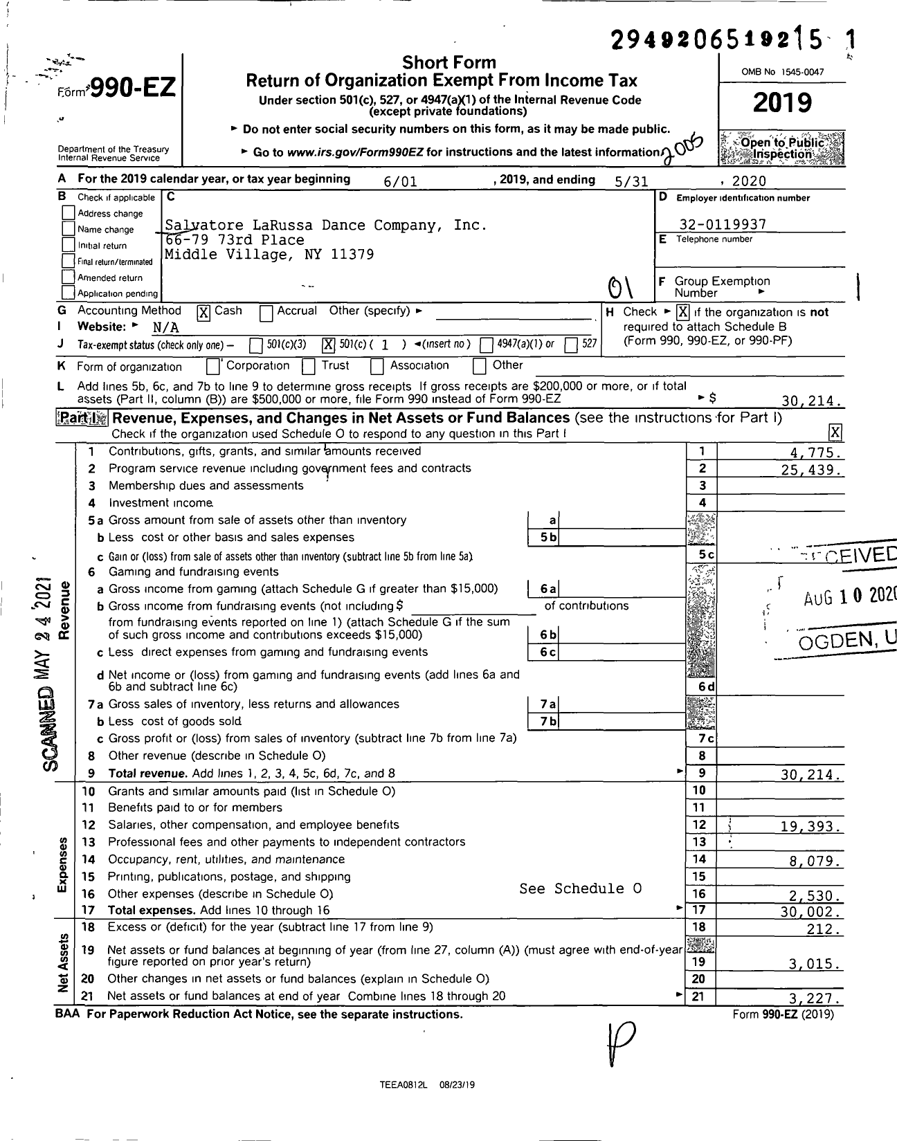 Image of first page of 2019 Form 990EO for Salvatore LaRussa Dance Company