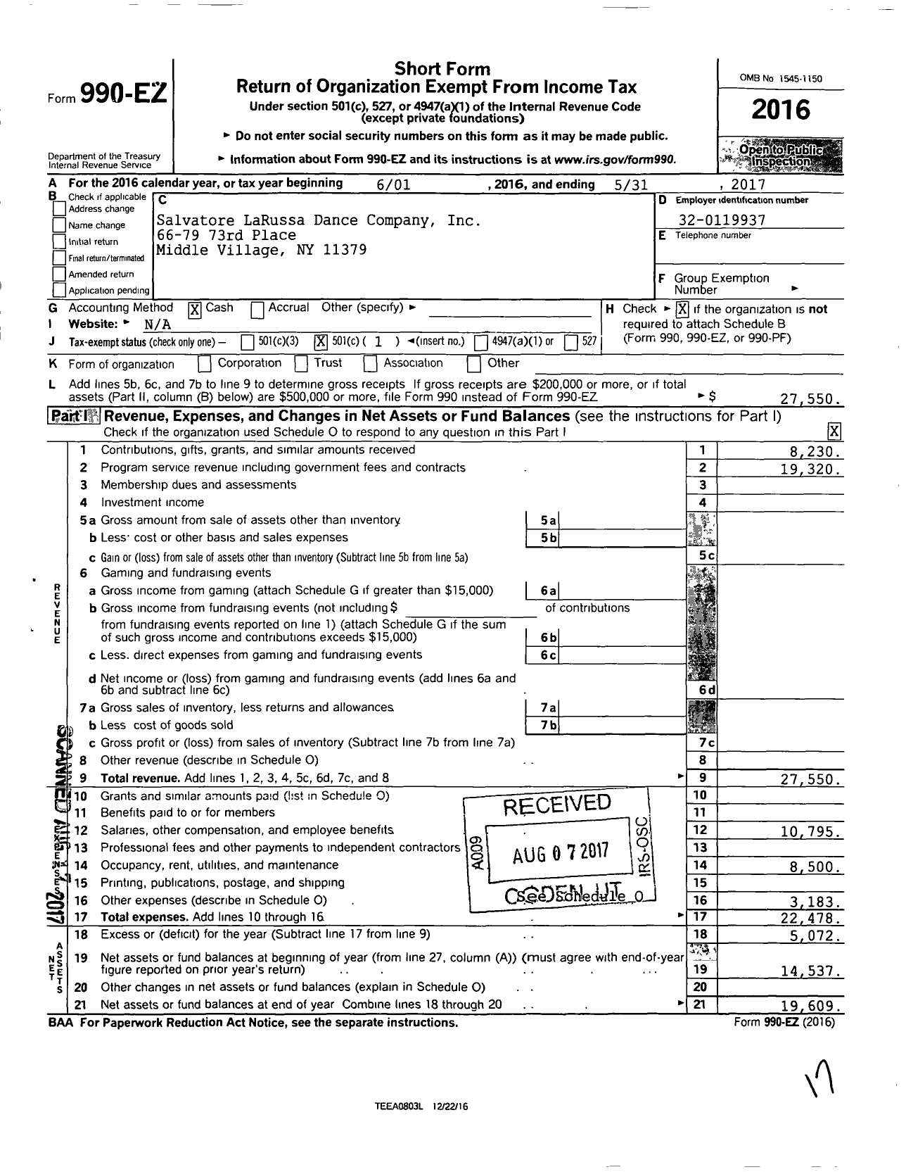 Image of first page of 2016 Form 990EO for Salvatore LaRussa Dance Company