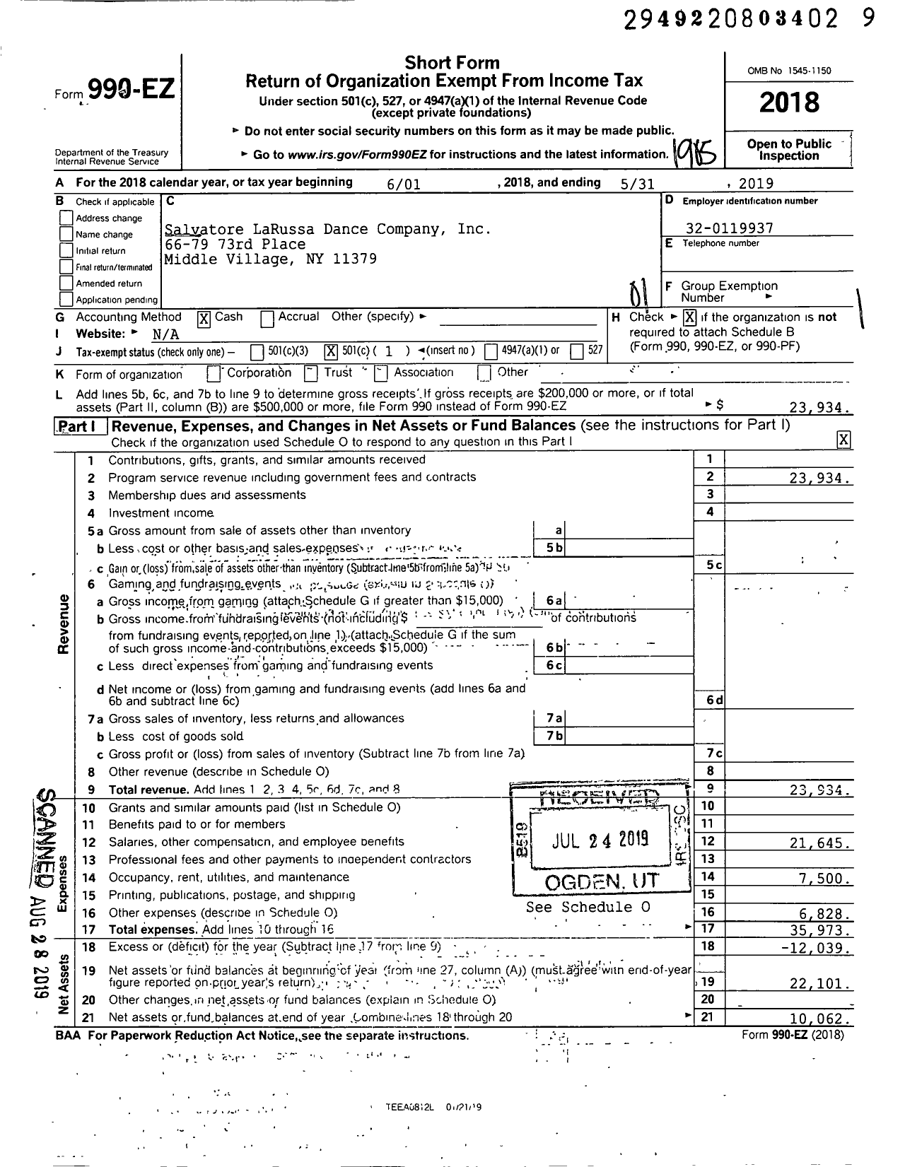 Image of first page of 2018 Form 990EO for Salvatore LaRussa Dance Company