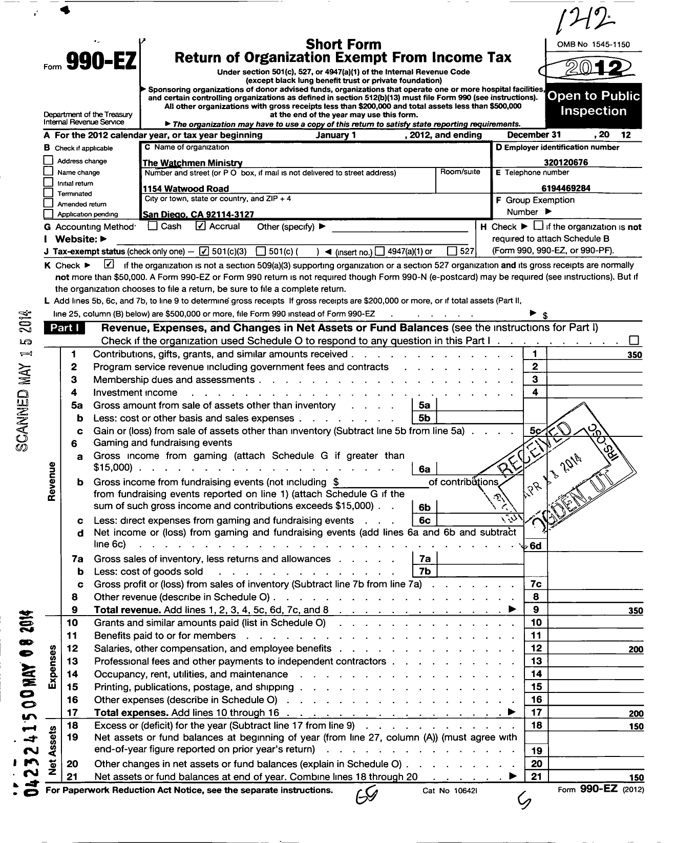 Image of first page of 2012 Form 990EZ for Watchmen Ministry