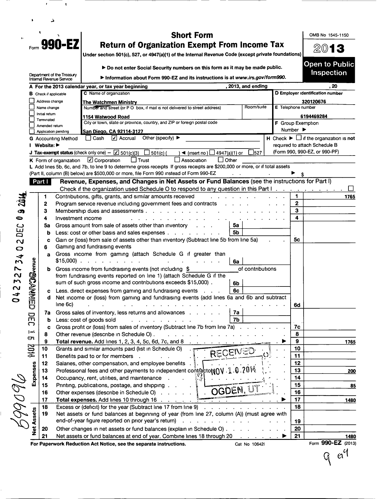 Image of first page of 2013 Form 990EZ for Watchmen Ministry