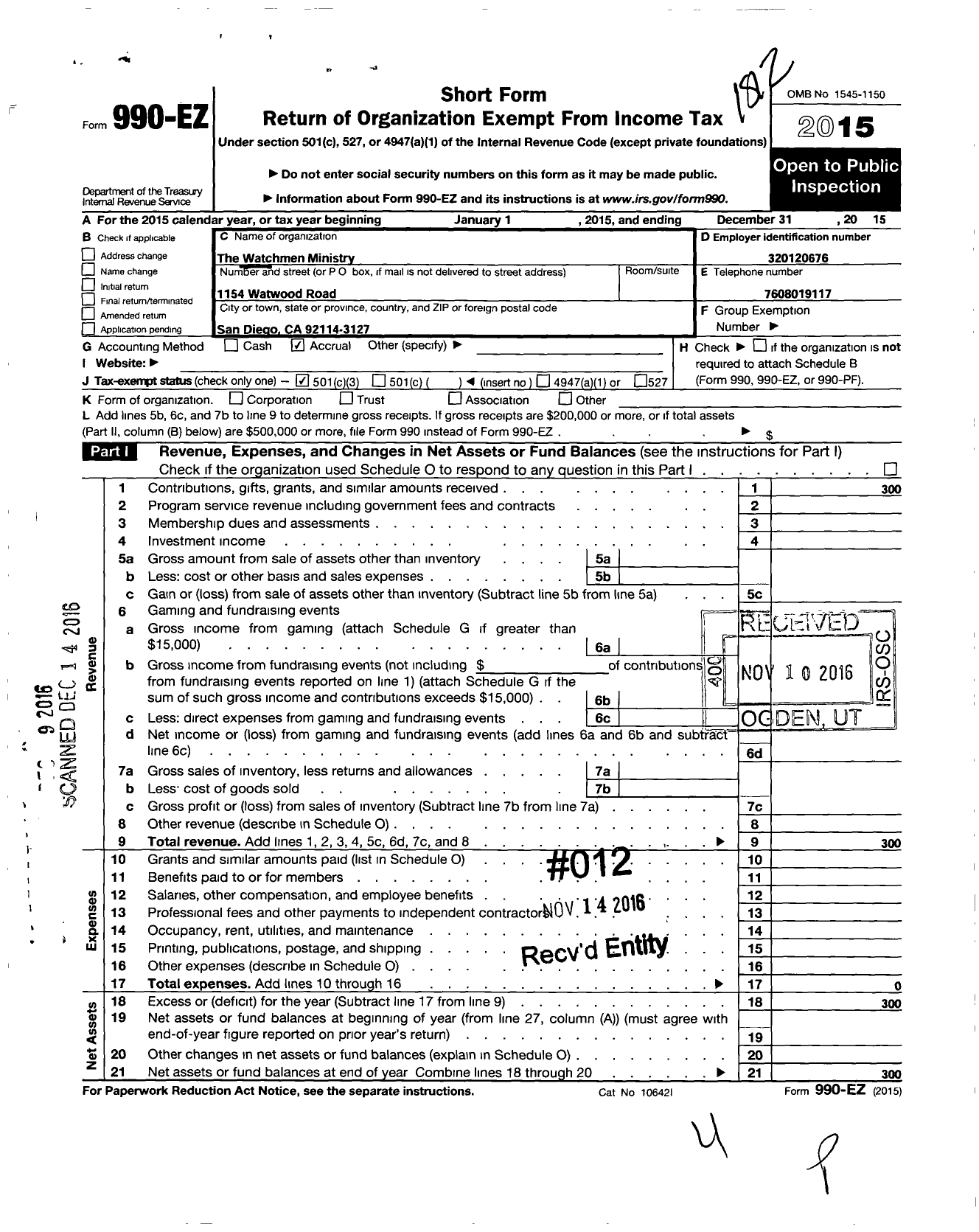 Image of first page of 2015 Form 990EZ for Watchmen Ministry