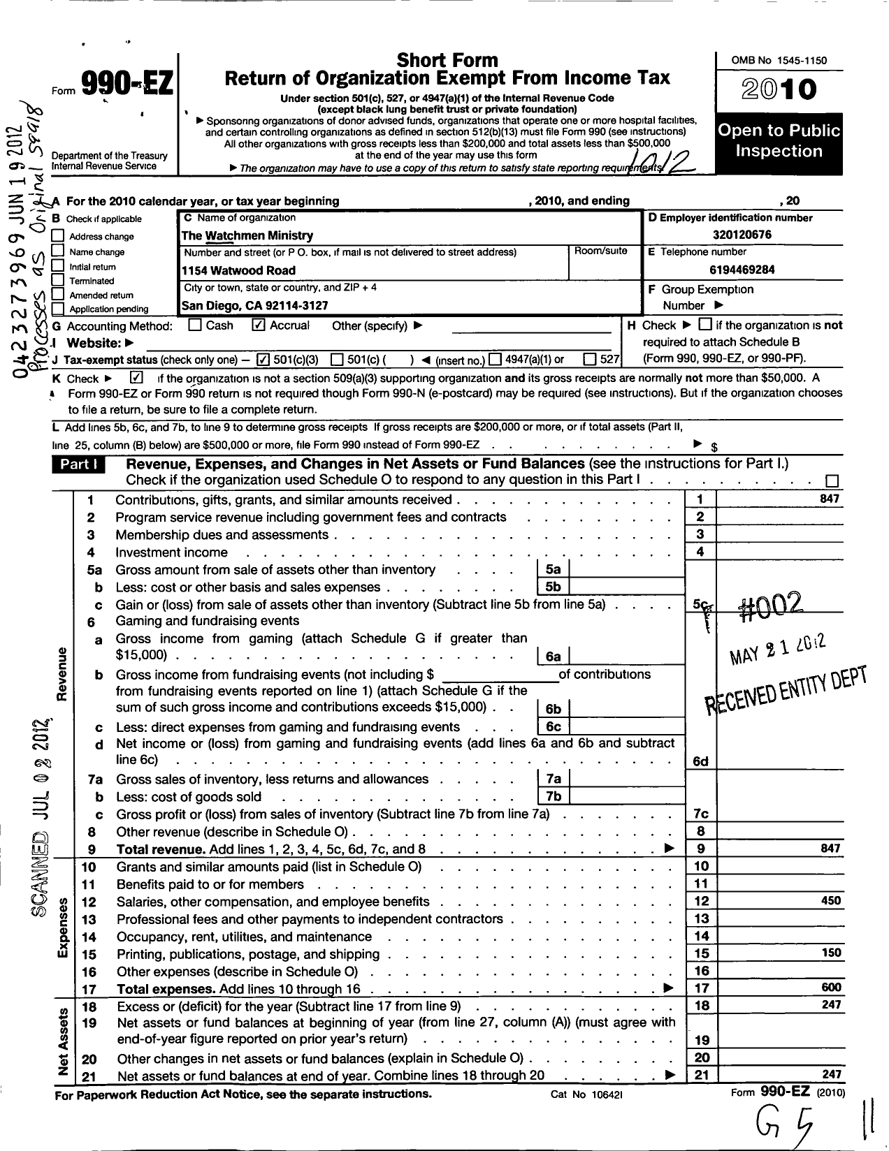 Image of first page of 2010 Form 990EZ for Watchmen Ministry