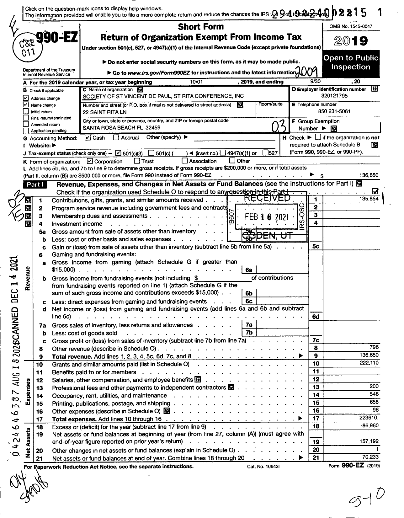 Image of first page of 2019 Form 990EZ for Society of St Vincent de Paul St Rita Conference