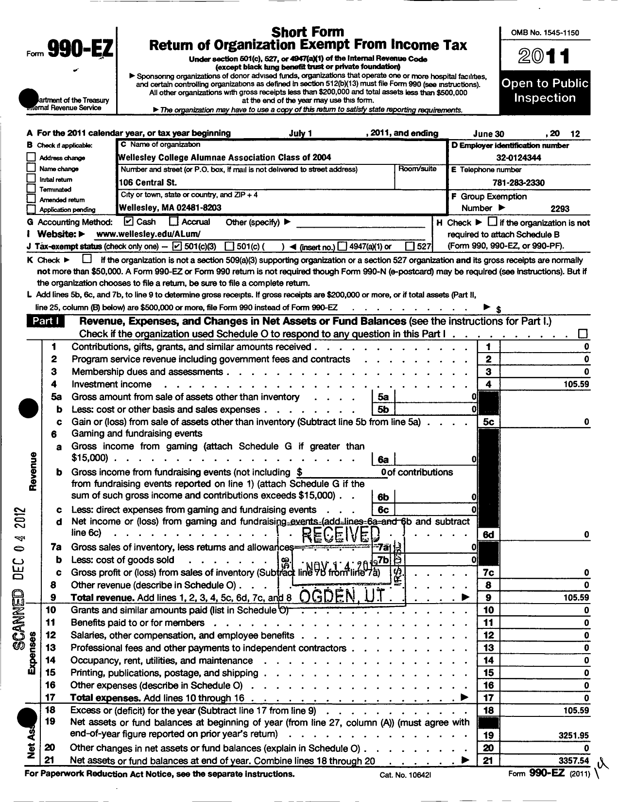 Image of first page of 2011 Form 990EZ for Wellesley College Alumnae Association - 2004 Class