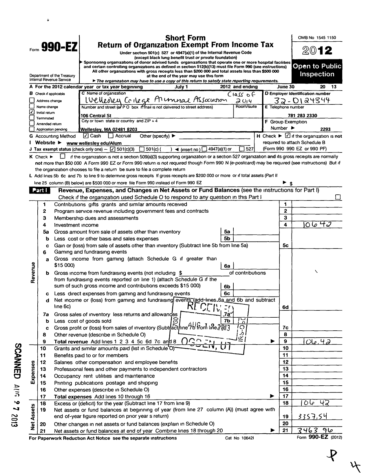 Image of first page of 2012 Form 990EZ for Wellesley College Alumnae Association - 2004 Class