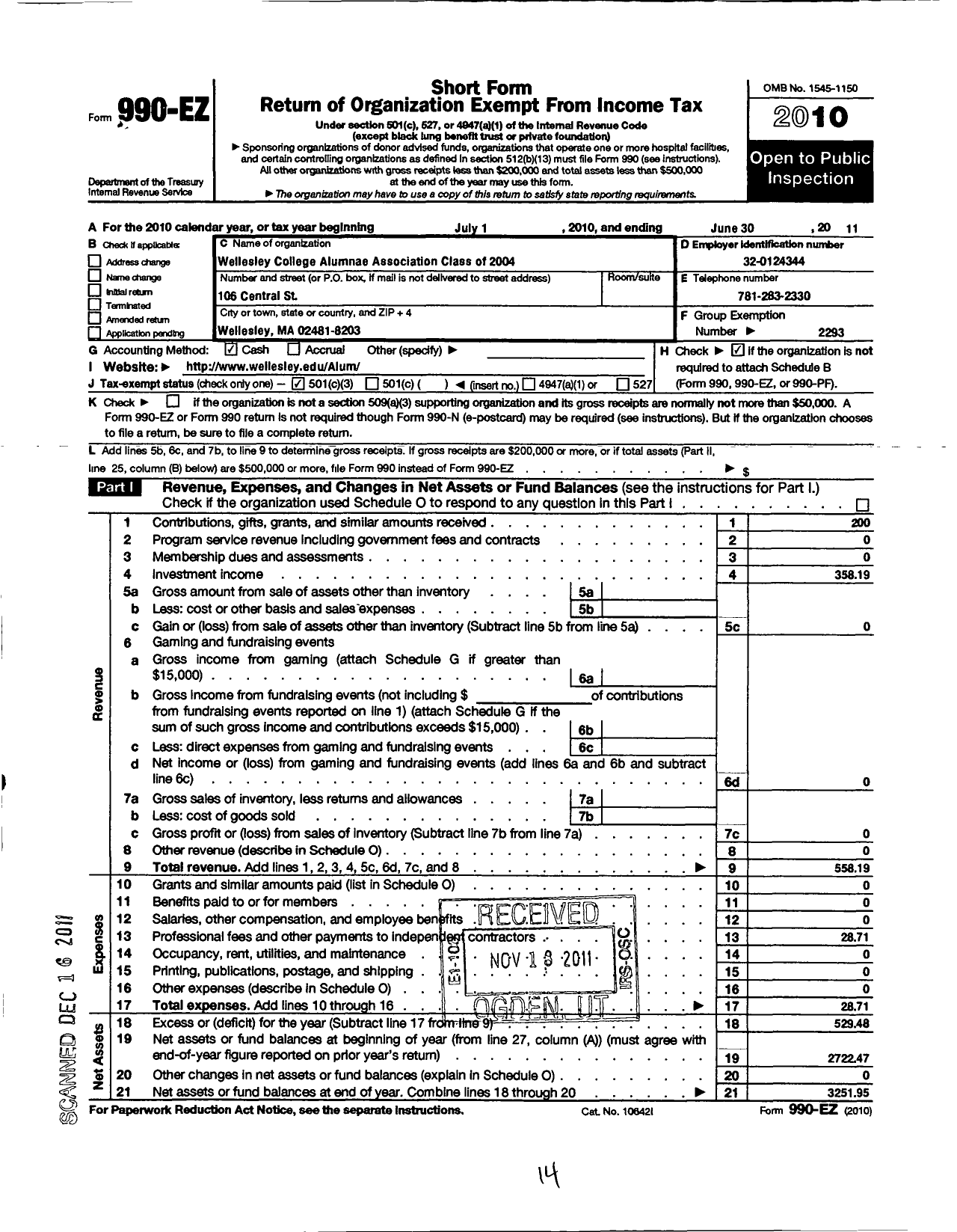 Image of first page of 2010 Form 990EZ for Wellesley College Alumnae Association - 2004 Class