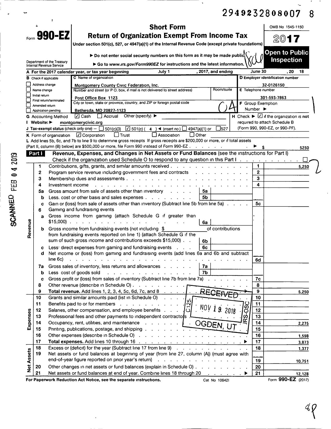 Image of first page of 2017 Form 990EO for Montgomery County Civic Federation