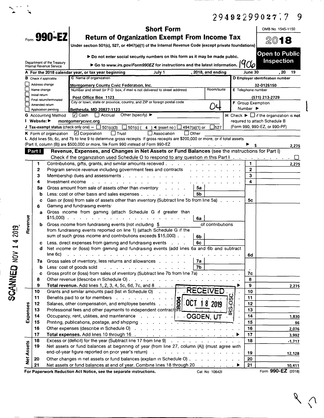 Image of first page of 2018 Form 990EO for Montgomery County Civic Federation