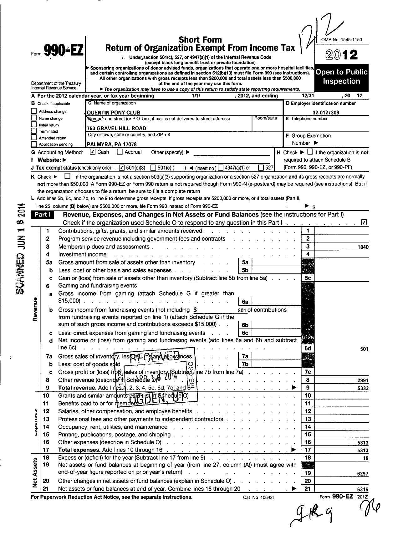 Image of first page of 2012 Form 990EZ for The United States Pony Clubs / Quentin Pony Club