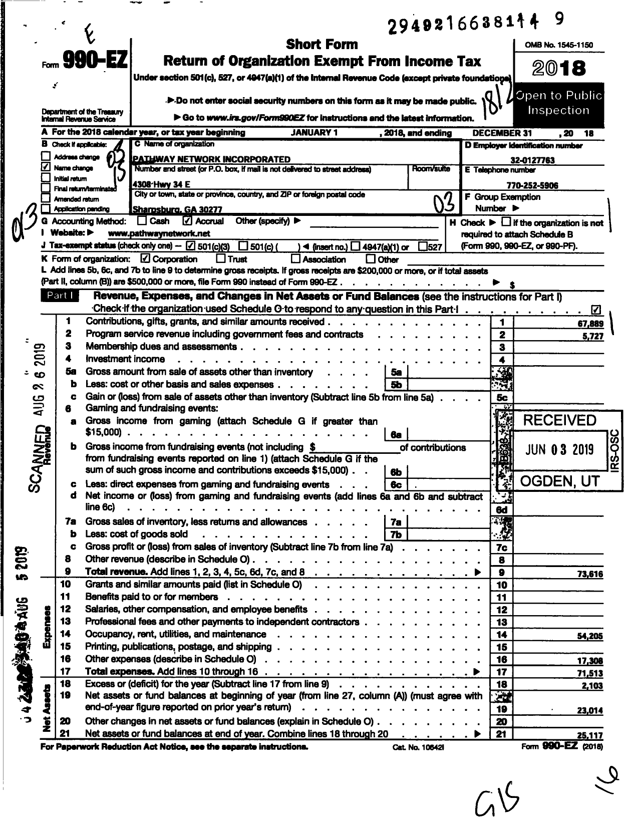 Image of first page of 2018 Form 990EZ for Pathway Network Incorporated