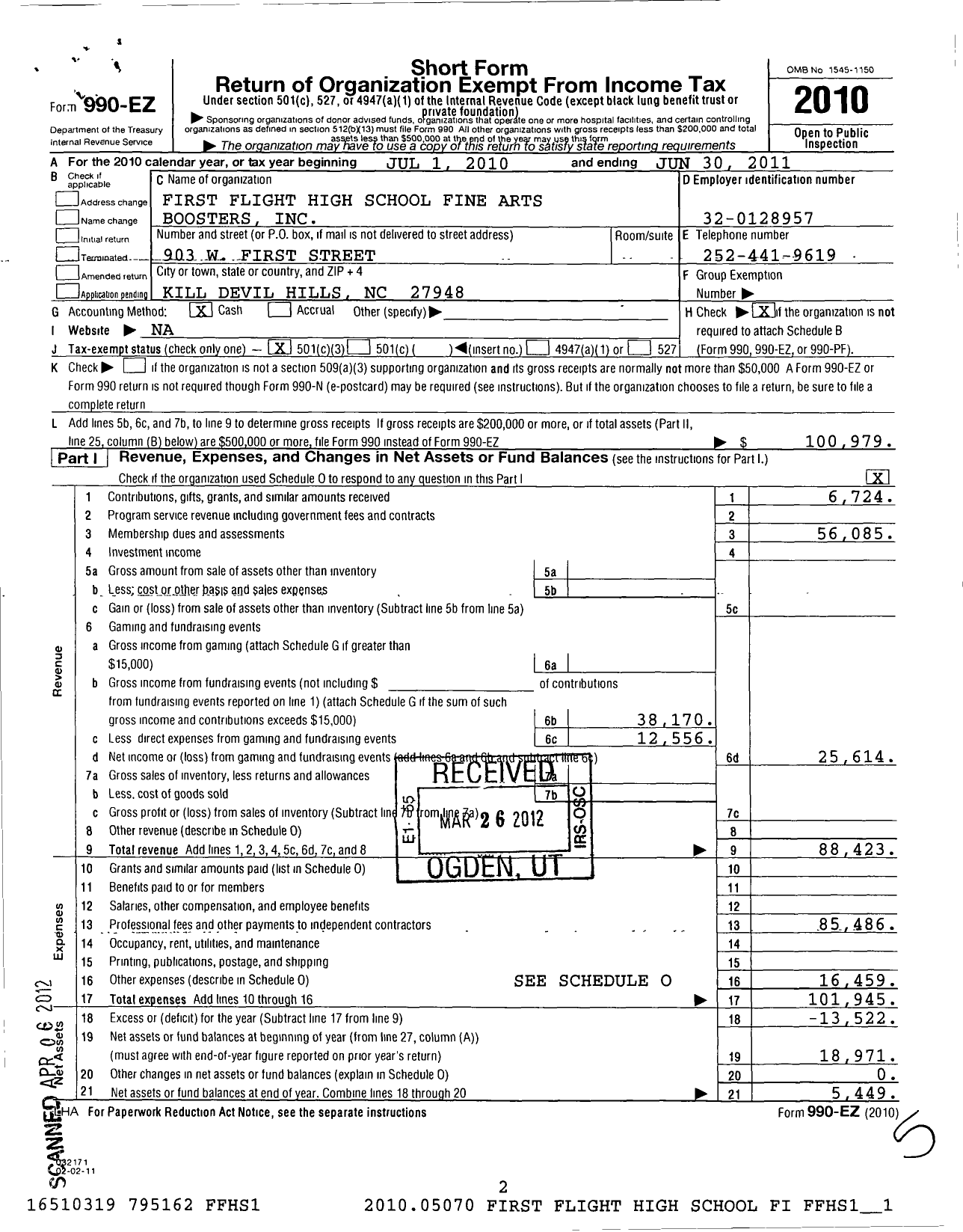 Image of first page of 2010 Form 990EZ for First Flight High School Fine Arts Boosters