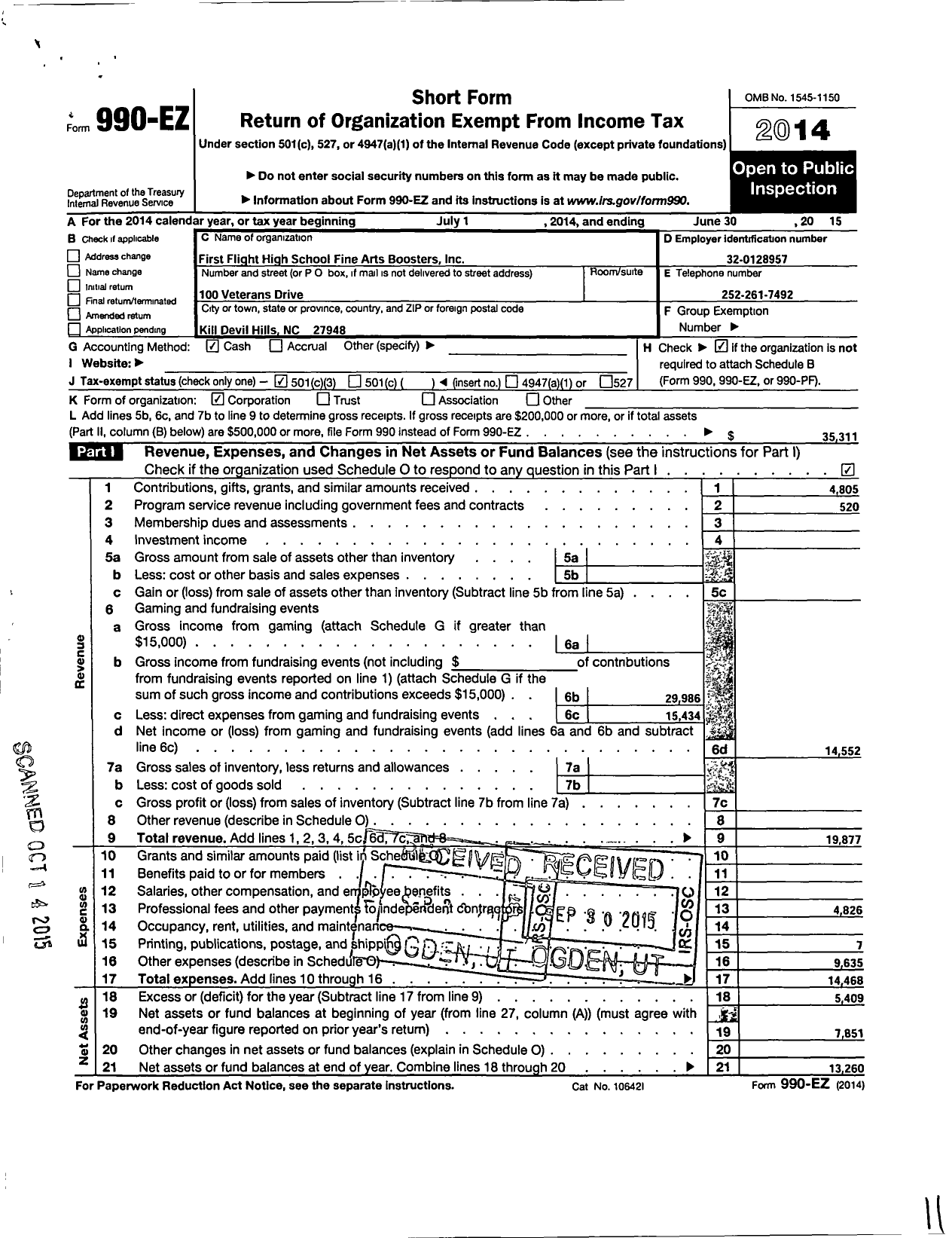 Image of first page of 2014 Form 990EZ for First Flight High School Fine Arts Boosters