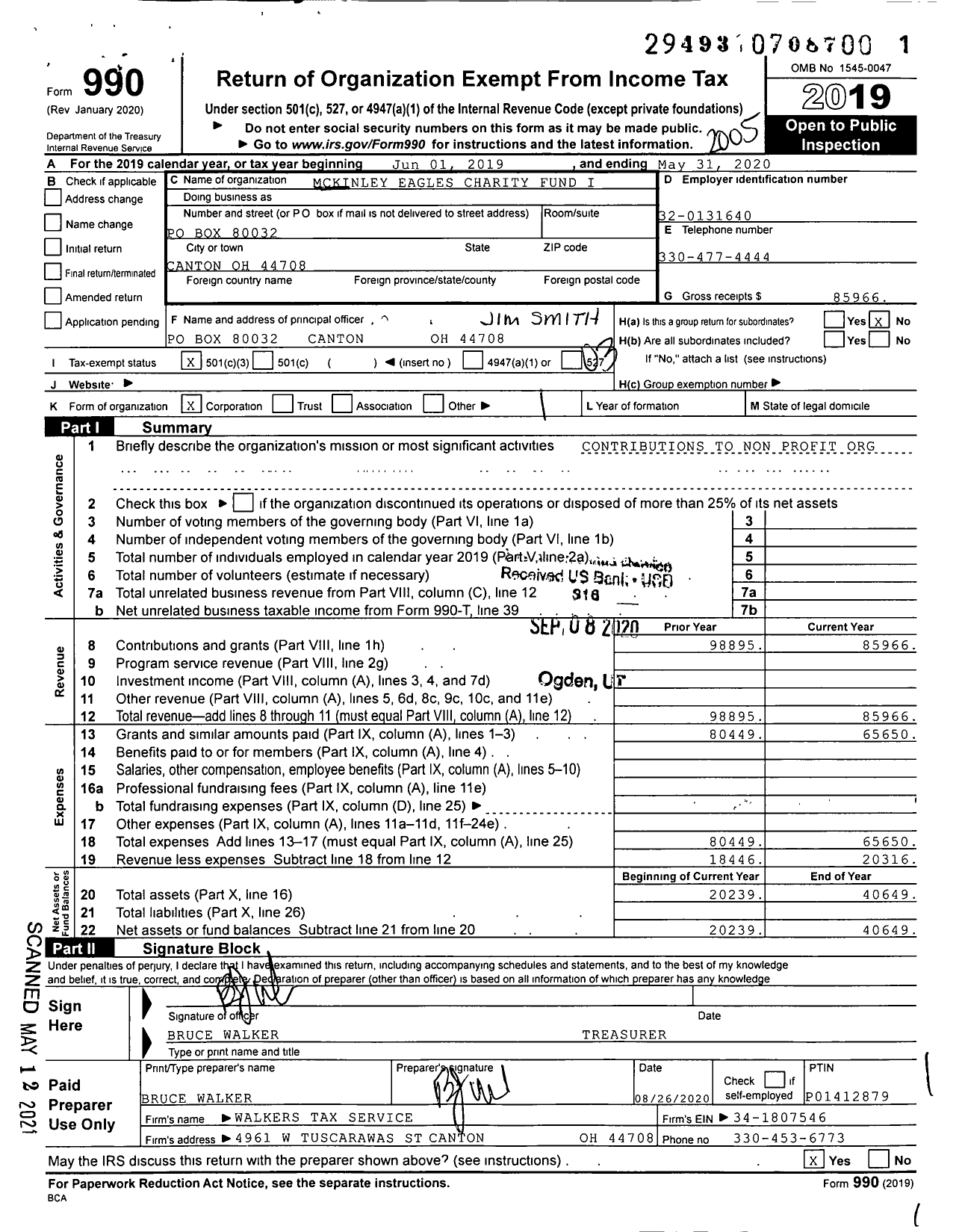 Image of first page of 2019 Form 990 for Mckinley Eagles Charity Fund I