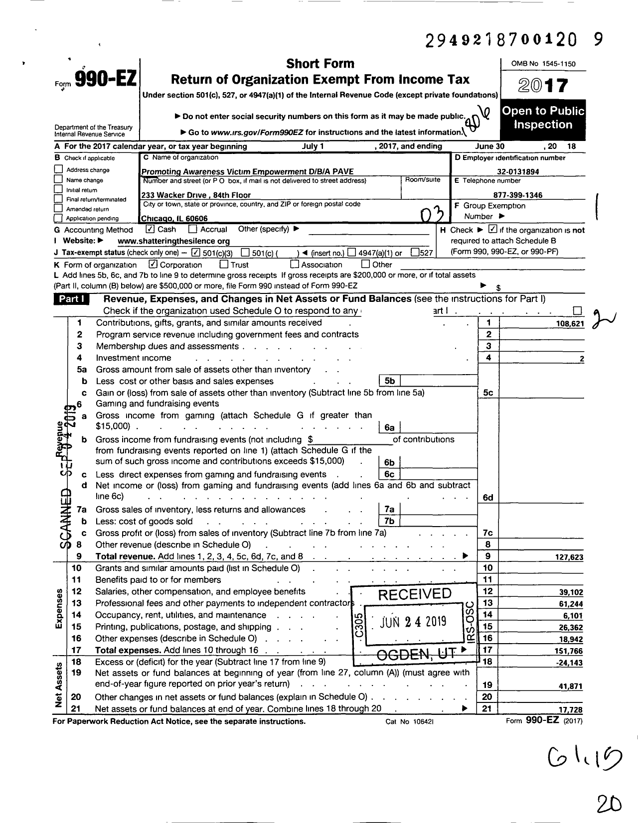 Image of first page of 2017 Form 990EZ for PAVE Promoting Awareness Victim Empowerment