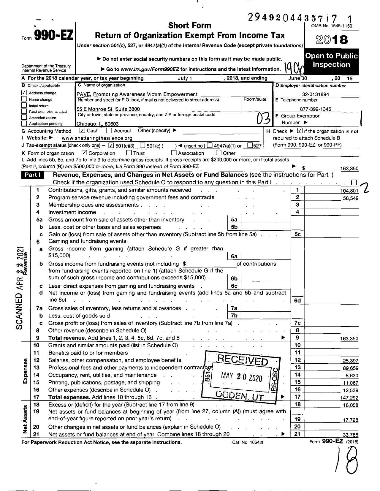 Image of first page of 2018 Form 990EZ for PAVE Promoting Awareness Victim Empowerment