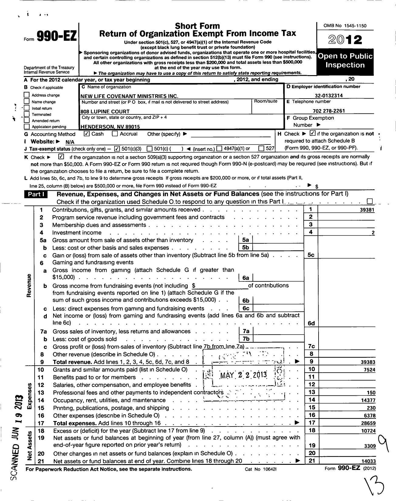 Image of first page of 2012 Form 990EZ for New Life Covenant Ministries