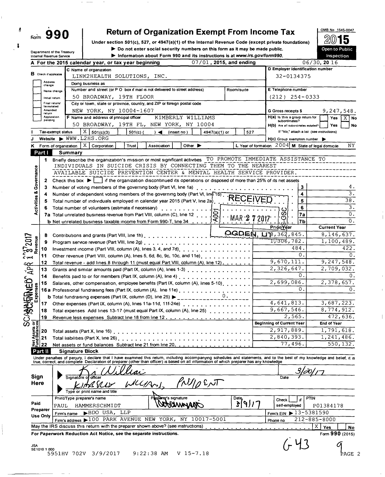 Image of first page of 2015 Form 990 for Link2Health Solutions