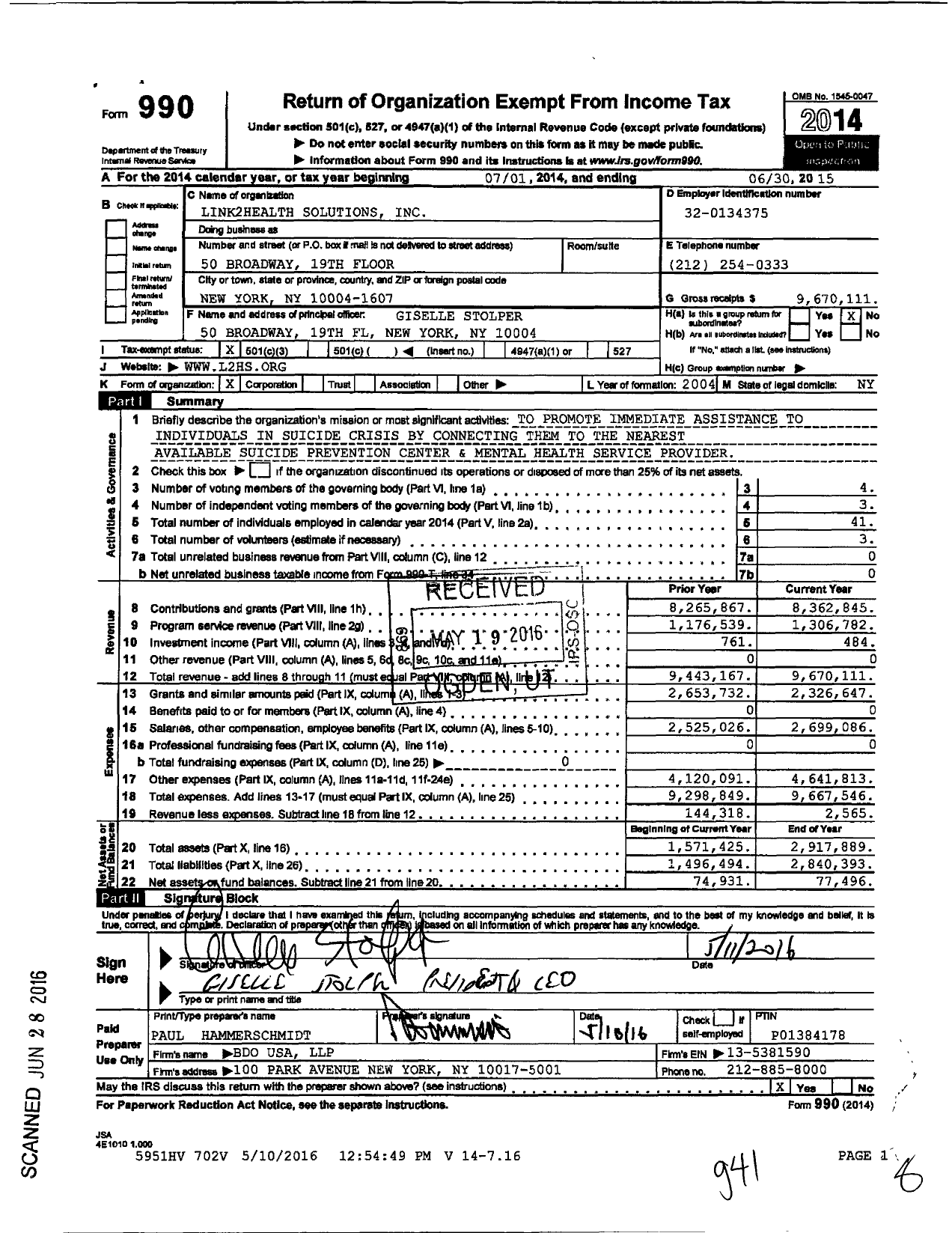 Image of first page of 2014 Form 990 for Link2Health Solutions