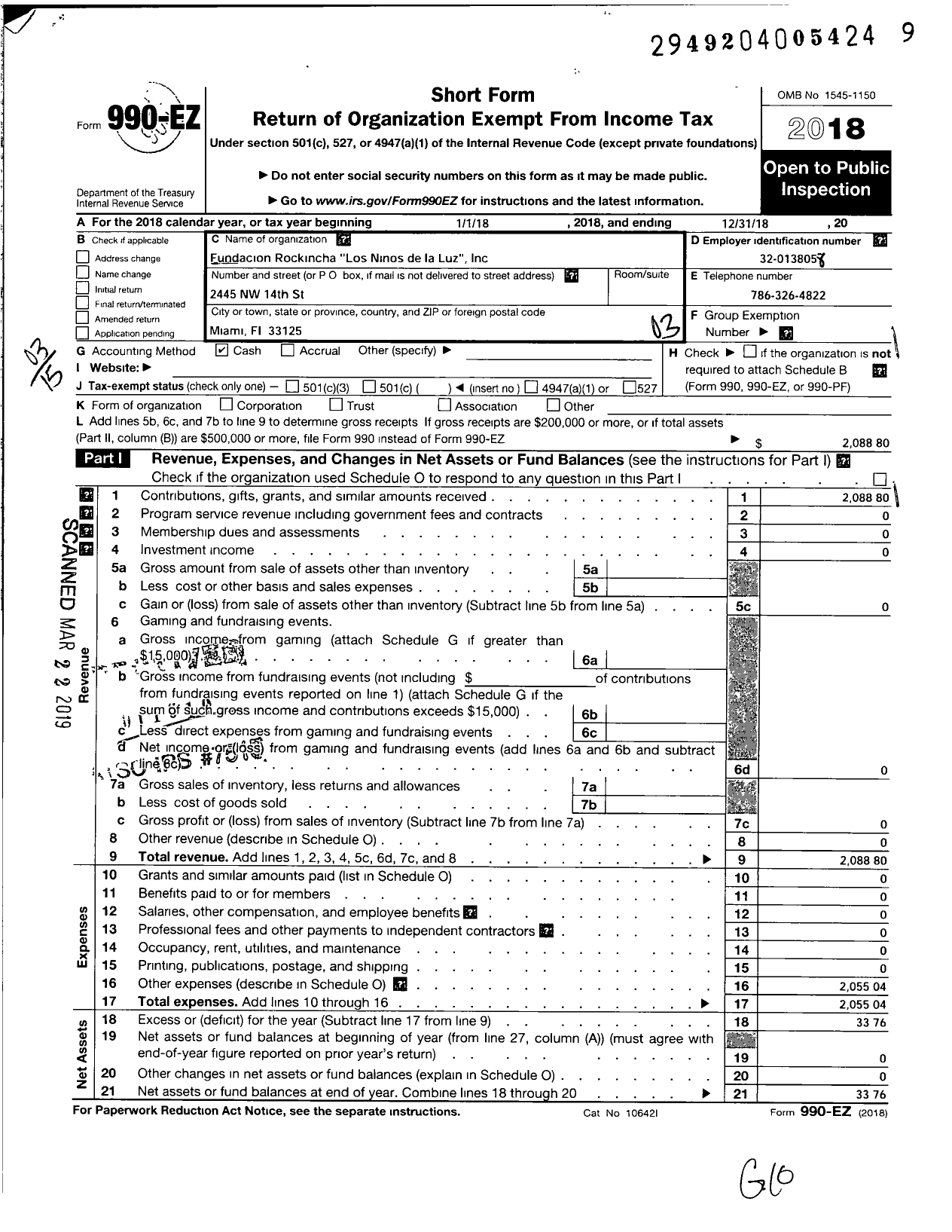 Image of first page of 2018 Form 990EZ for Fundacion Rockincha Los Ninos de La Luz