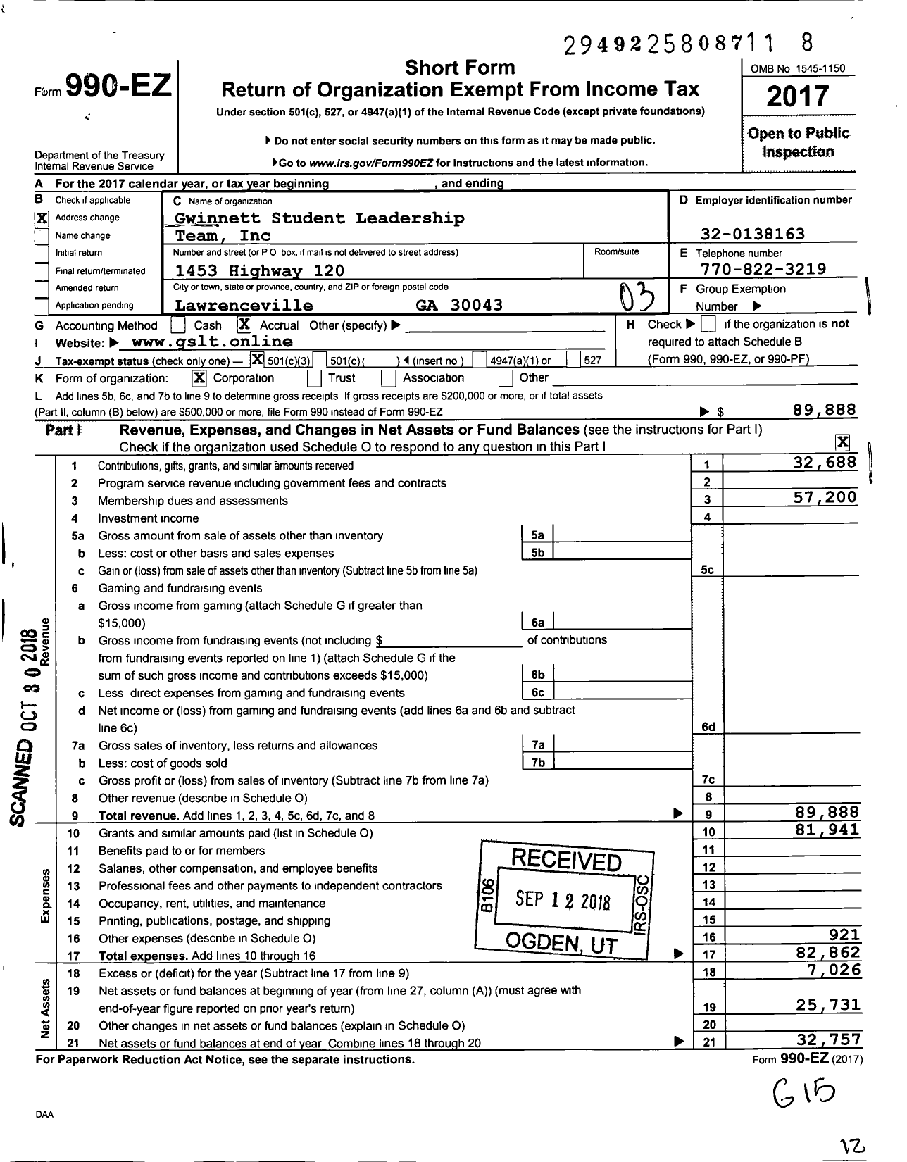 Image of first page of 2017 Form 990EZ for Gwinnett Student Leadership Team