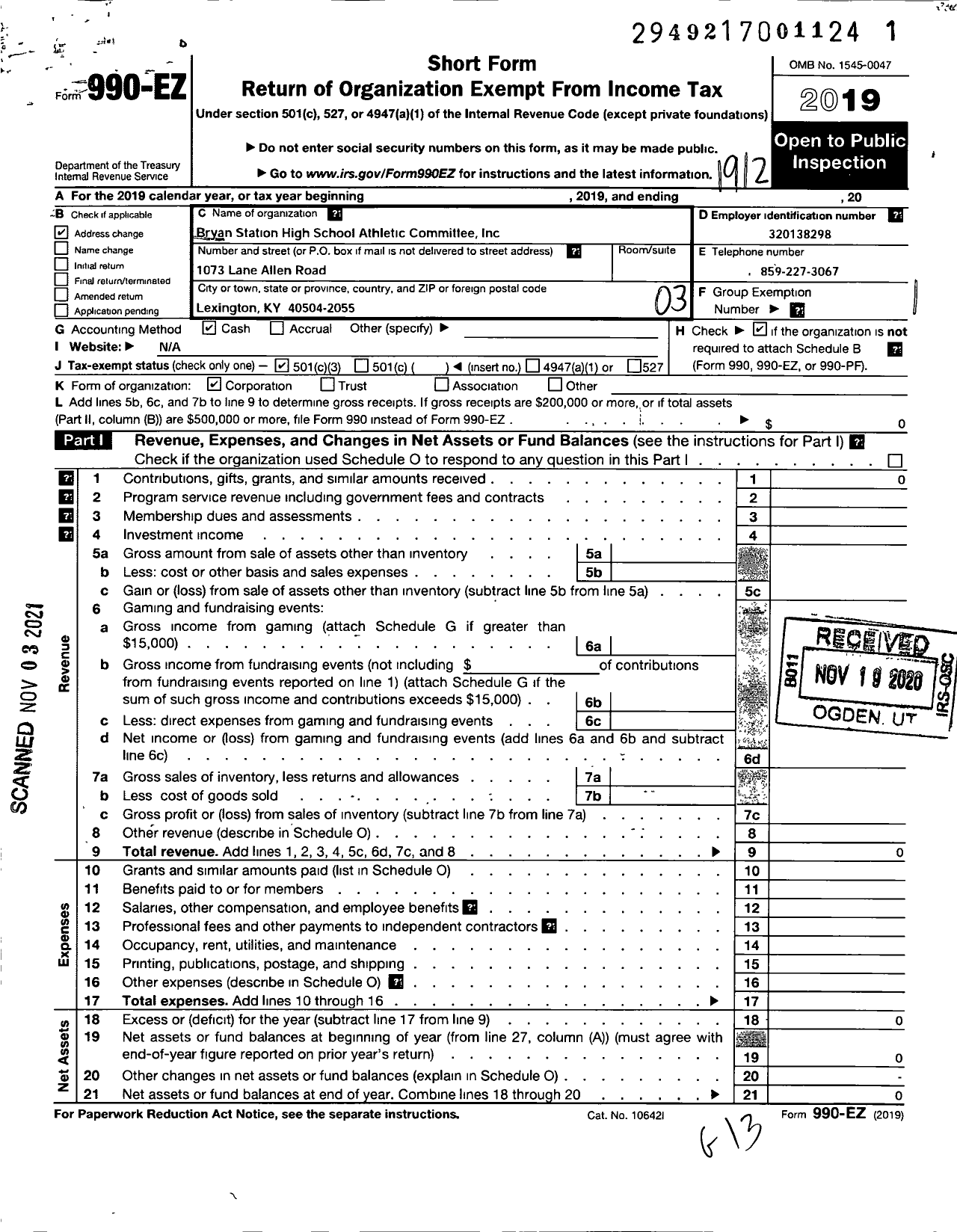 Image of first page of 2019 Form 990EZ for Bryan Station High School Athletic Committee