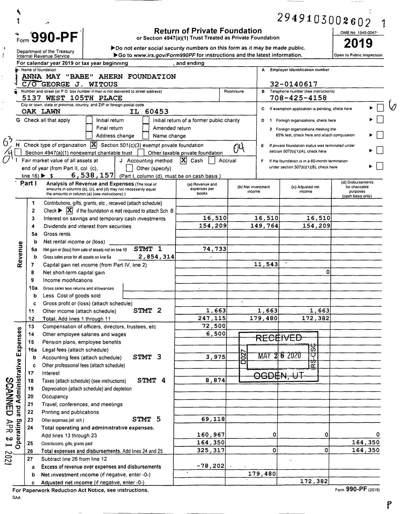 Image of first page of 2019 Form 990PF for Anna May Babe Ahern Foundation