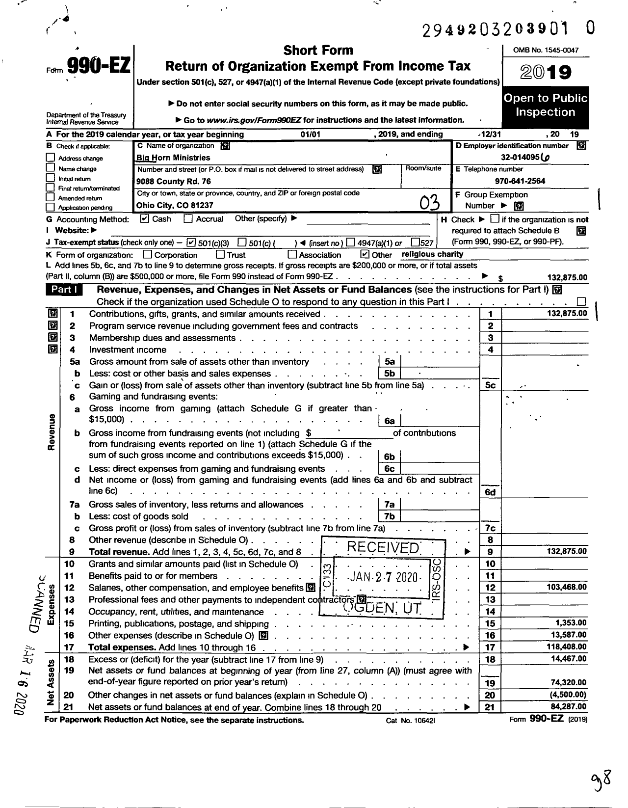 Image of first page of 2019 Form 990EZ for Big Horn Ministries