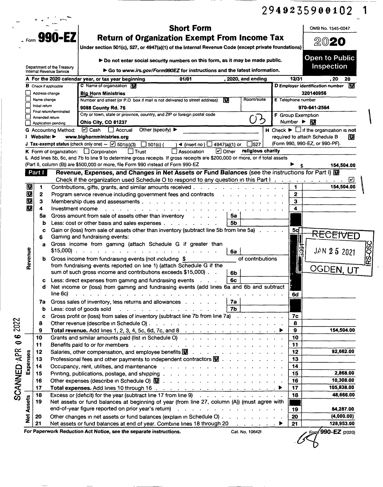 Image of first page of 2020 Form 990EZ for Big Horn Ministries