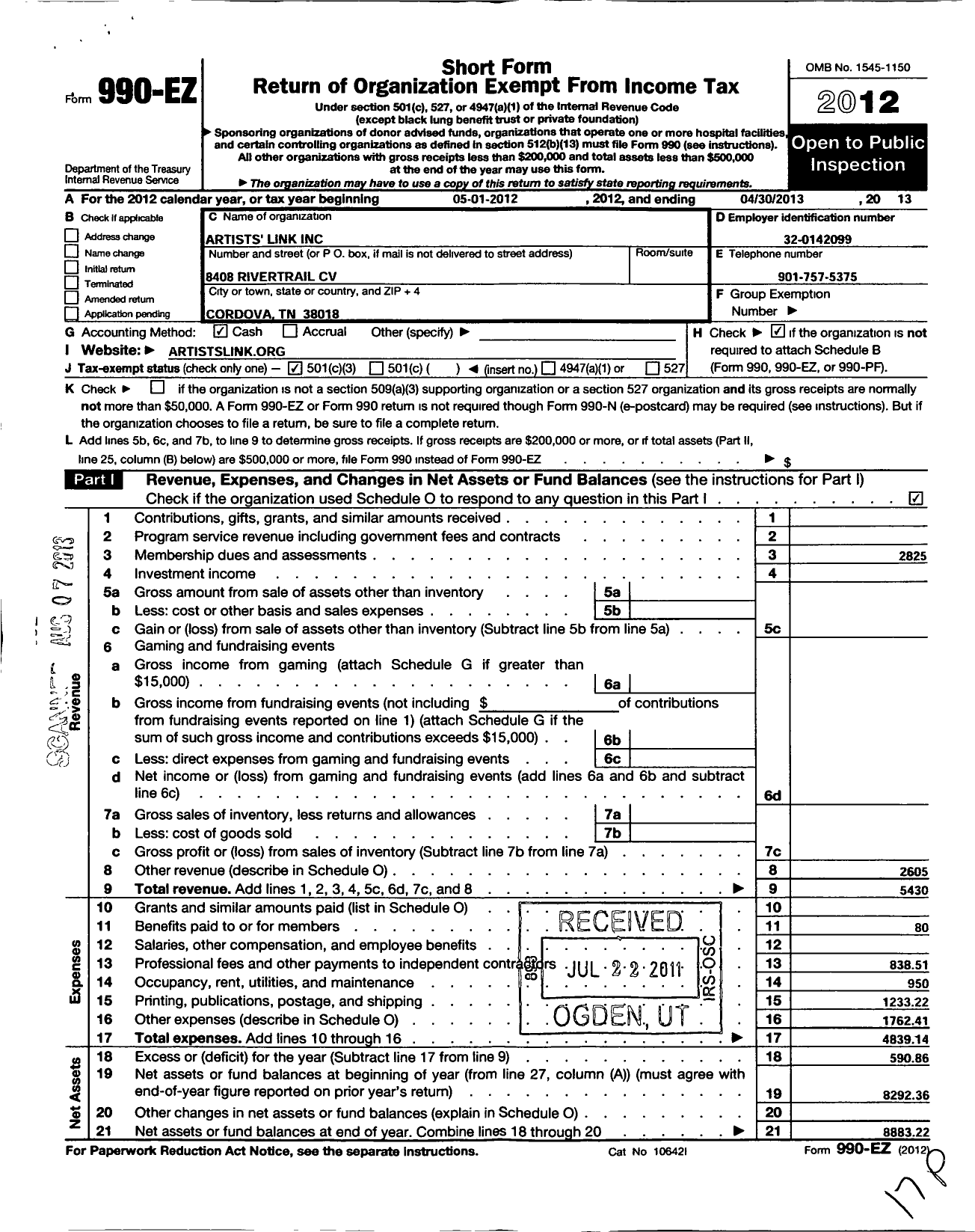 Image of first page of 2012 Form 990EZ for Artists Link