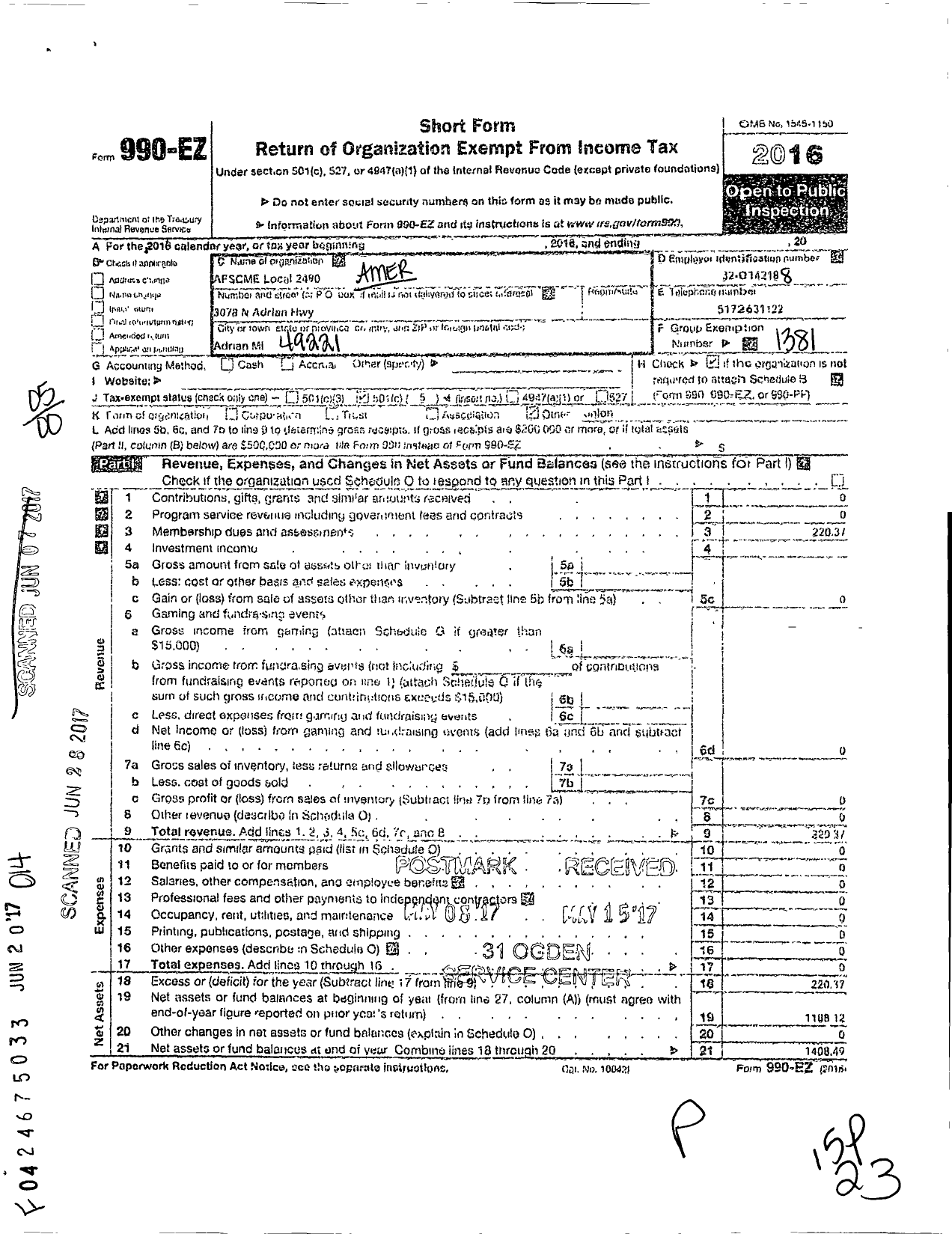 Image of first page of 2016 Form 990EO for American Federation of State County & Municipal Employees - L2490mi Adrian Mi Headstart Progam