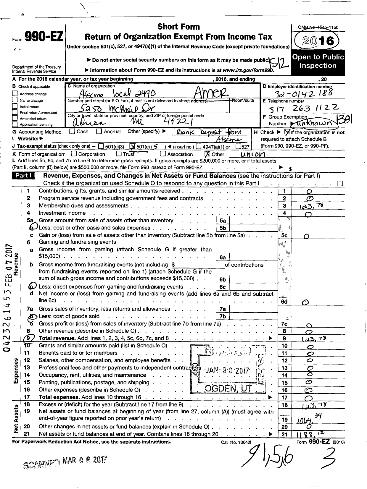 Image of first page of 2015 Form 990EO for American Federation of State County & Municipal Employees - L2490mi Adrian Mi Headstart Progam