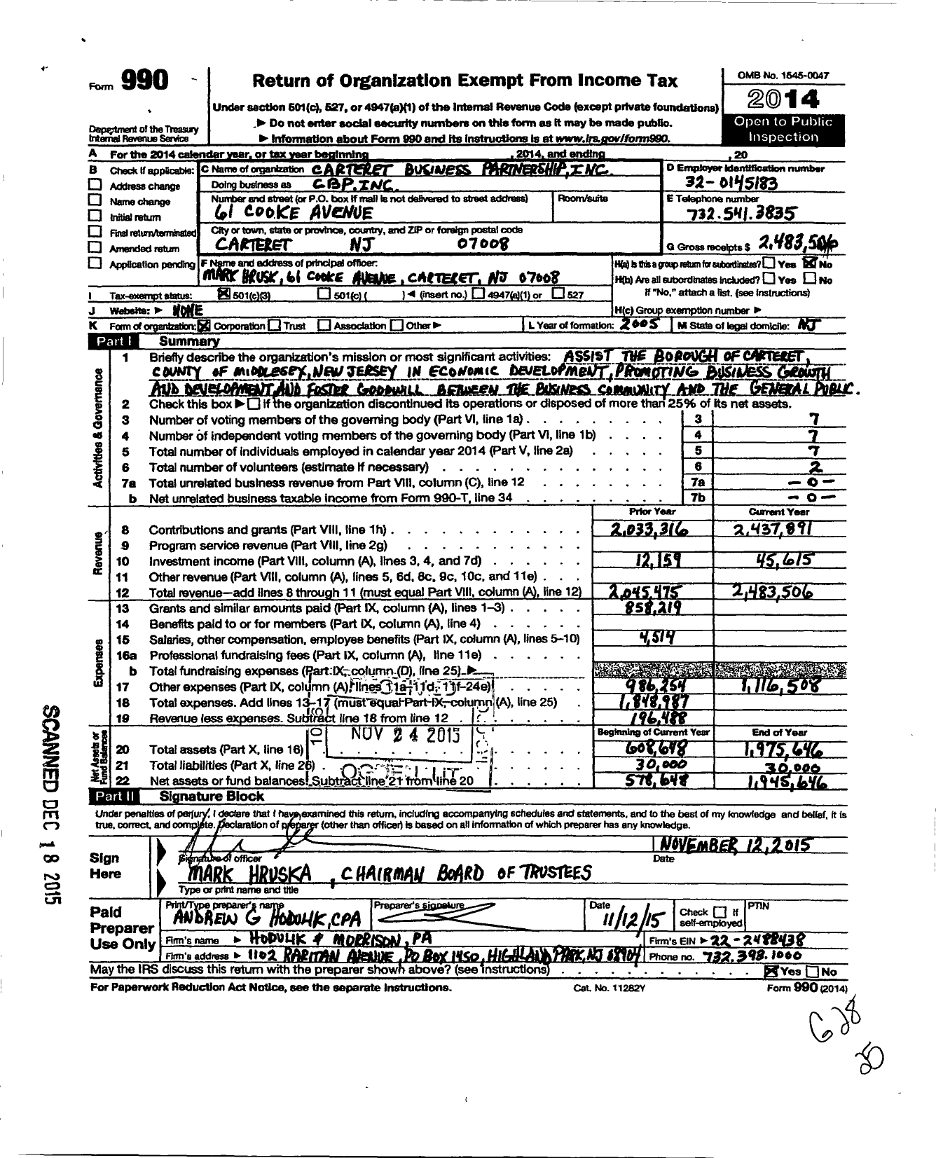 Image of first page of 2014 Form 990 for Carteret Business Partnership (CBP)
