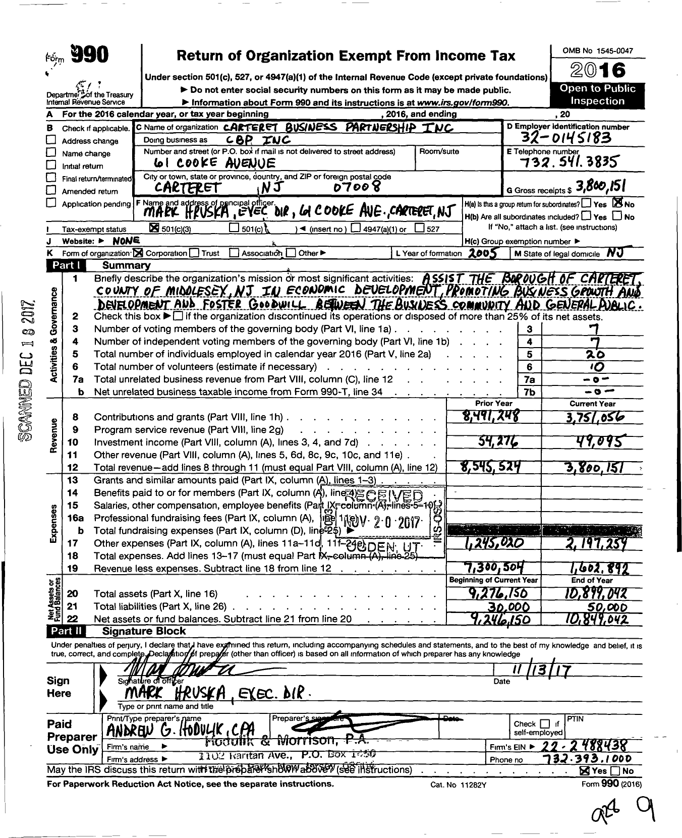 Image of first page of 2016 Form 990 for Carteret Business Partnership (CBP)