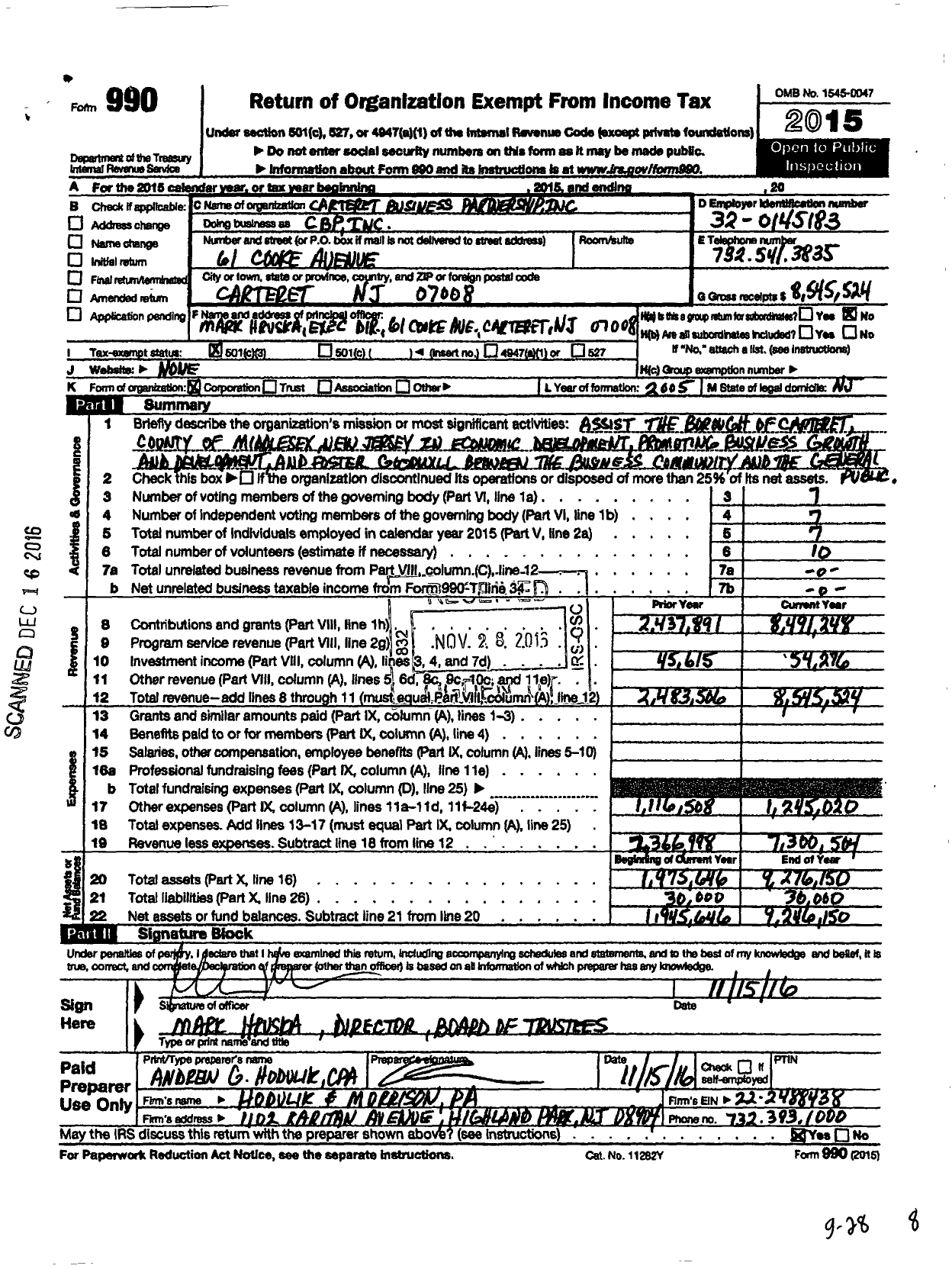 Image of first page of 2015 Form 990 for Carteret Business Partnership (CBP)