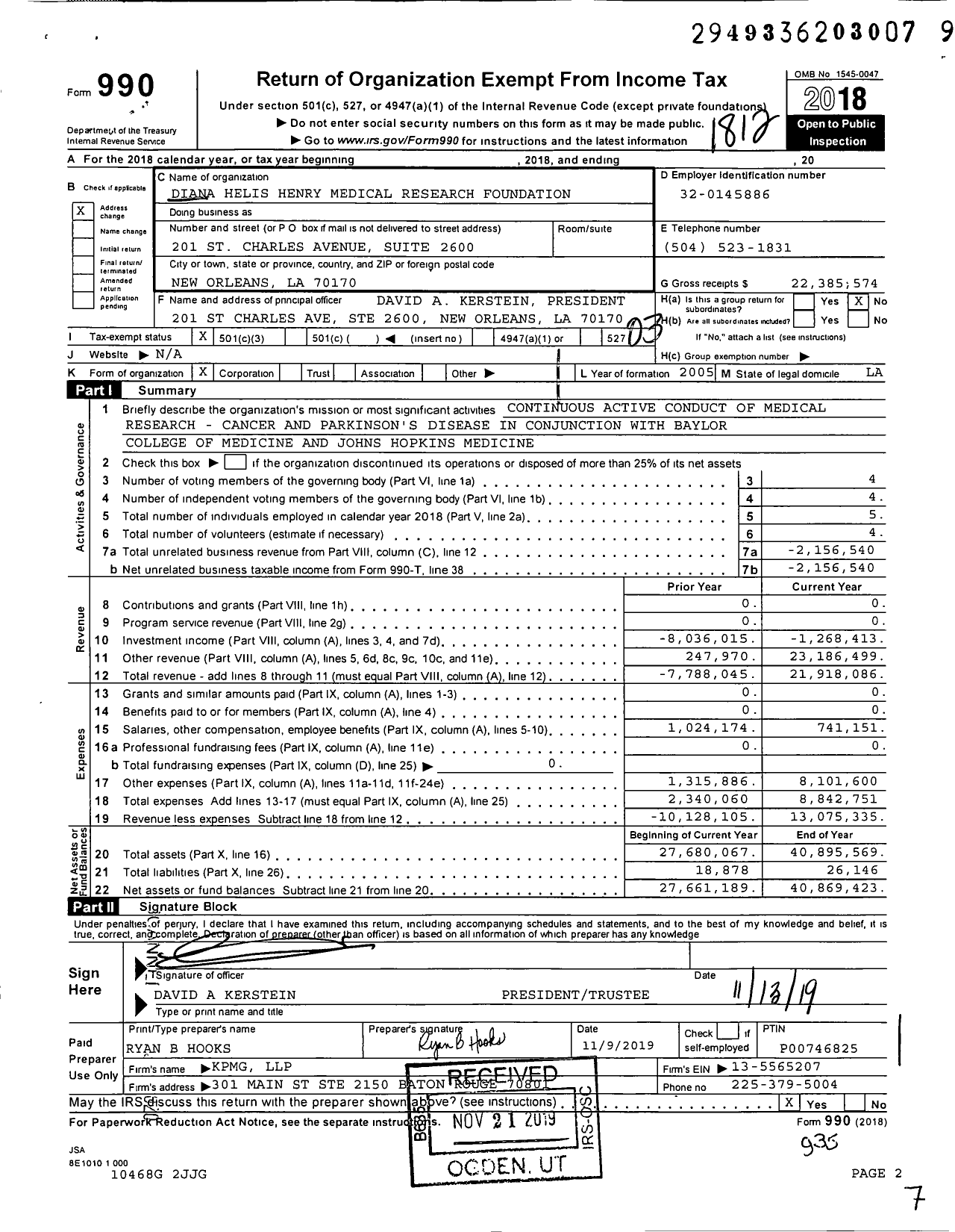 Image of first page of 2018 Form 990 for Diana Helis Henry Medical Research Foundation