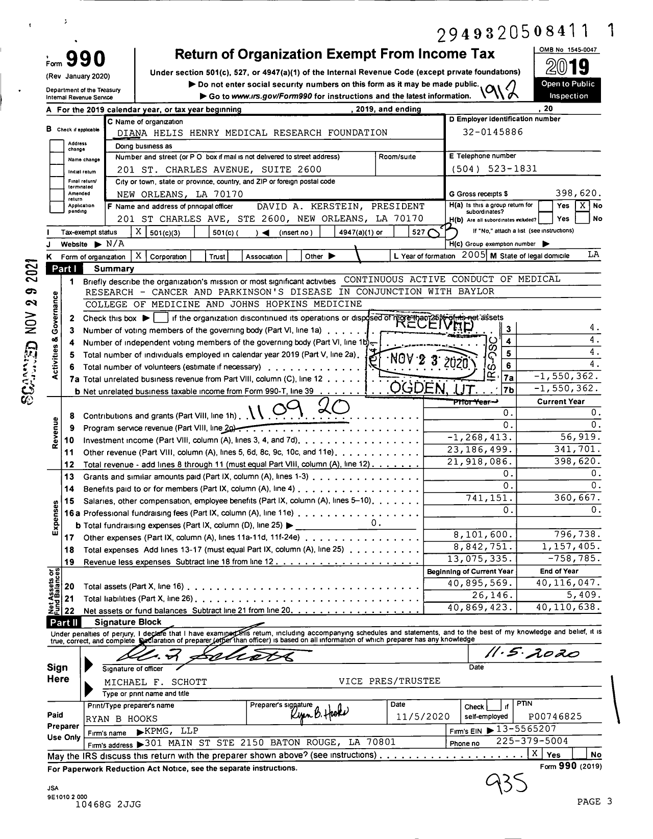 Image of first page of 2019 Form 990 for Diana Helis Henry Medical Research Foundation