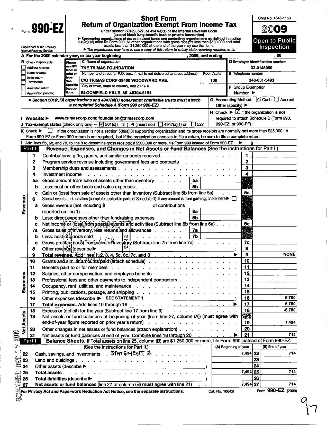 Image of first page of 2009 Form 990EZ for The Trimas Foundation