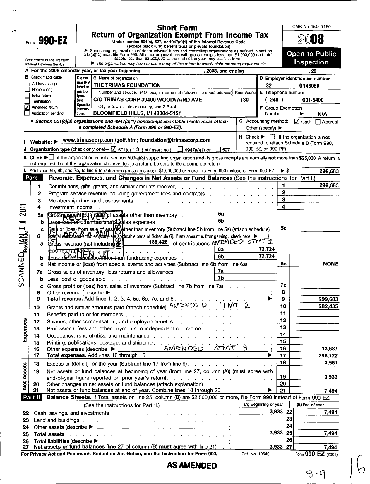 Image of first page of 2008 Form 990EZ for The Trimas Foundation