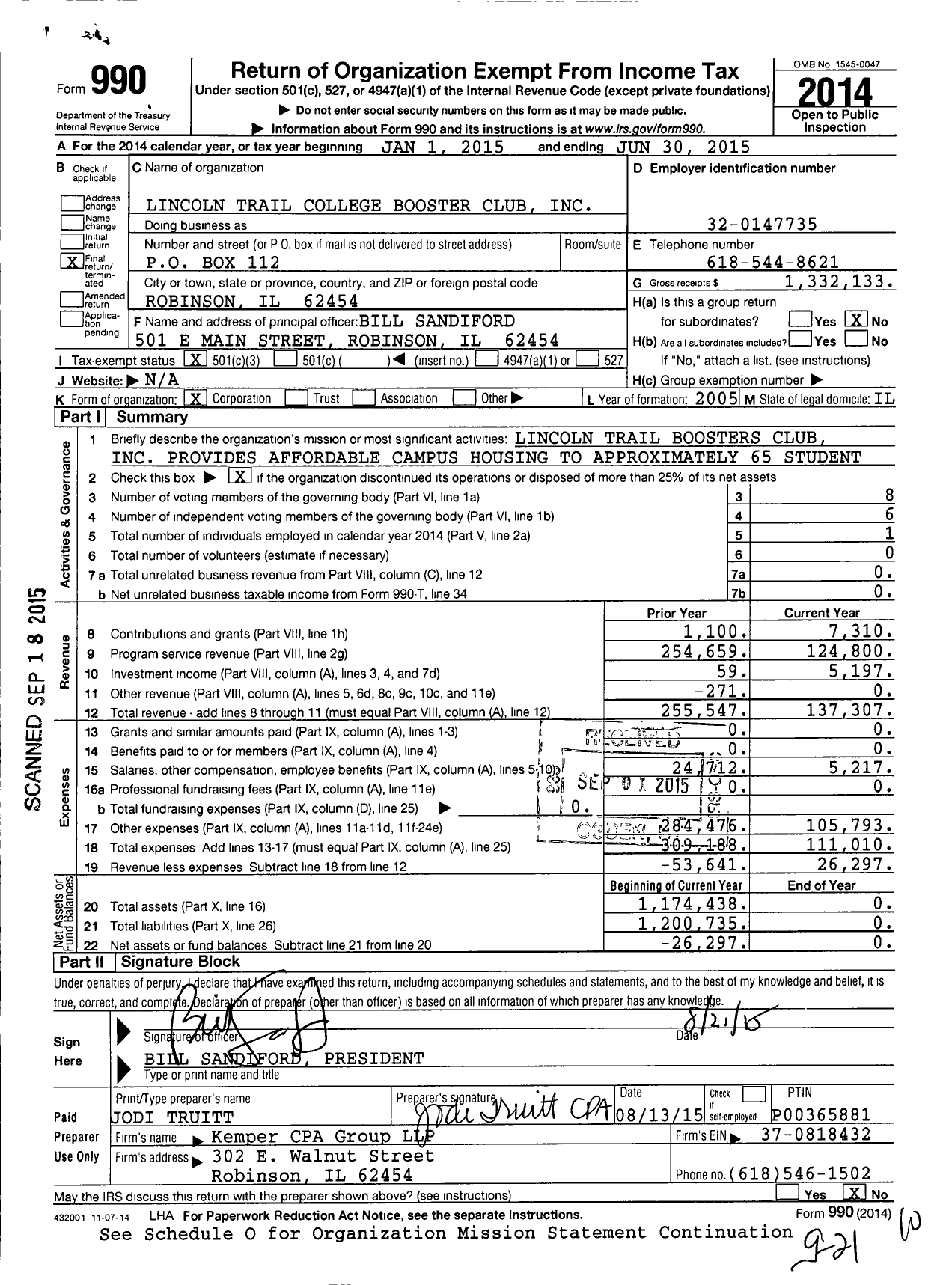 Image of first page of 2014 Form 990 for Lincoln Trail College Booster Club