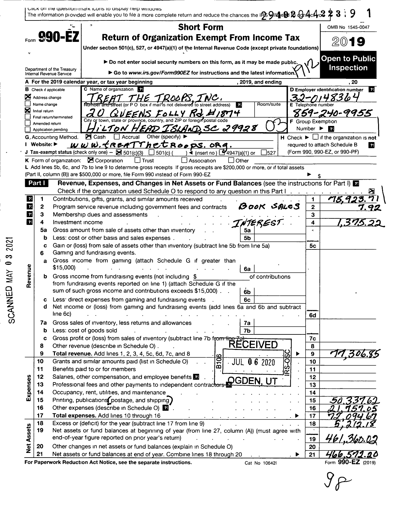 Image of first page of 2019 Form 990EZ for Treat The Troops