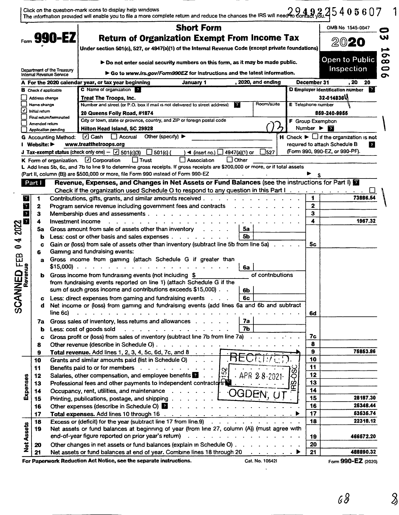 Image of first page of 2020 Form 990EZ for Treat The Troops